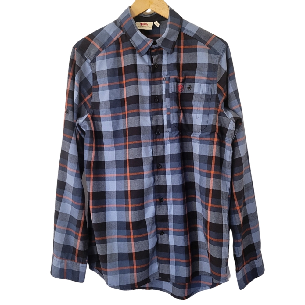Fjallraven Shirt Mens Medium Blue Red Plaid Flannel Button Up Roll Tab Fjallglim